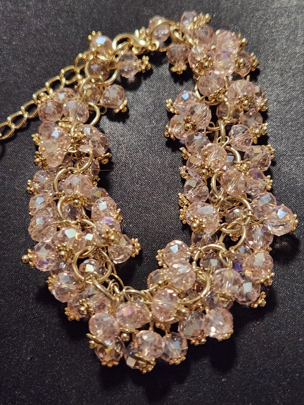 Vintage Chunky Pink AB Crystal Cluster Dangle Bracelet – Gold Tone
